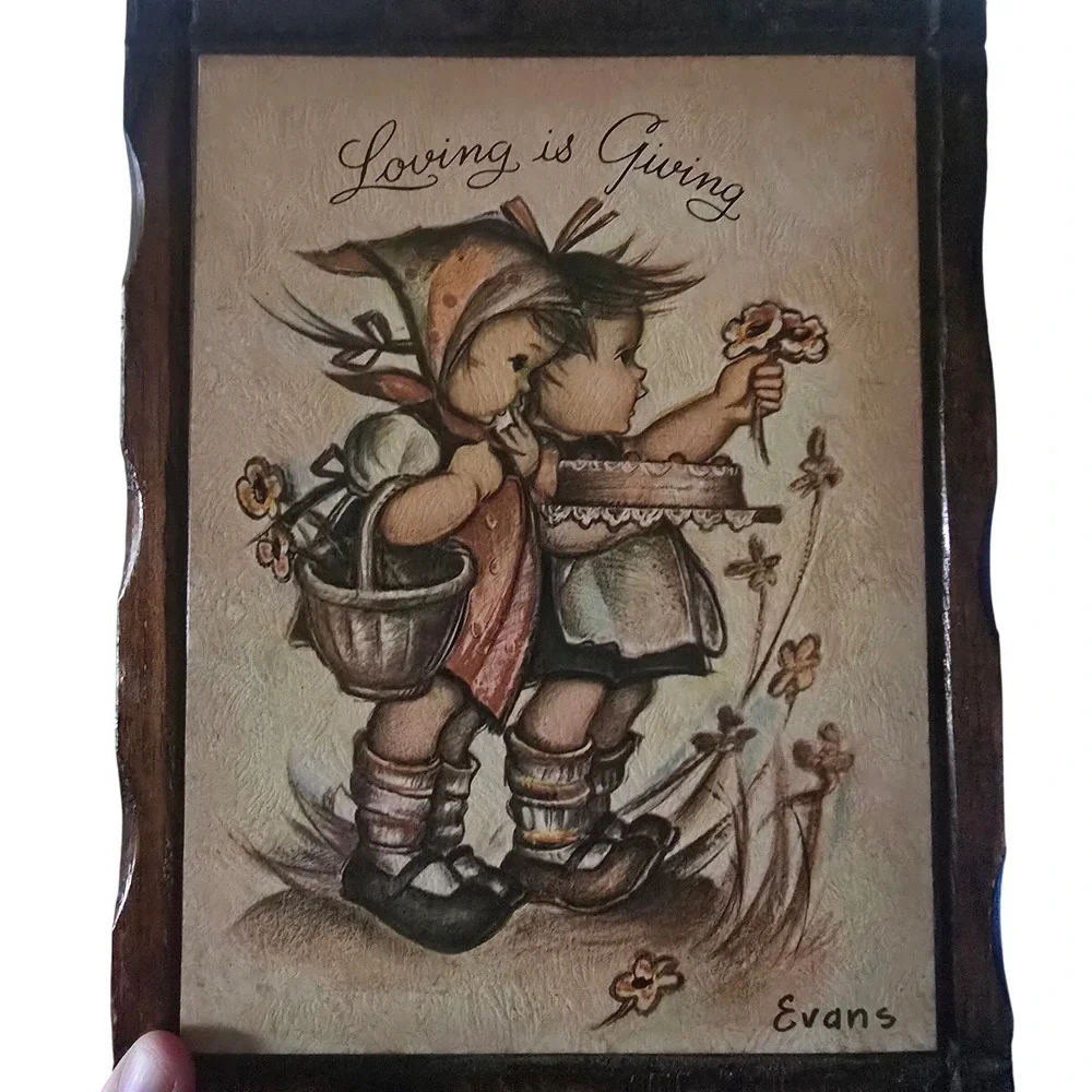 Vintage Jerry Schultz Co Pine Wood Wall Plaque Loving is Giving Evans Art 1970s